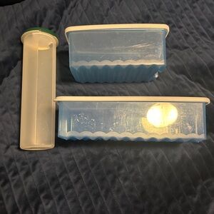 Blue and White Storage Container Set, All Tupperware. Spaghetti dispenser too